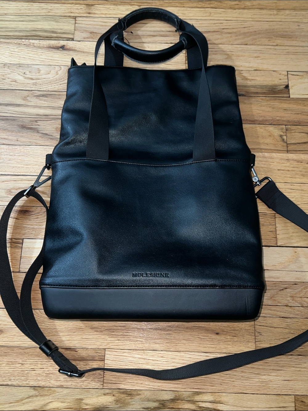 Moleskine Black Leather Messenger Tote with Detachable Strap